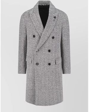 Lardini Double Breasted Herringbone Coat Notched Lapel - Grey