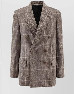 Brunello Cucinelli Alpaca Wool Checked Double-Breasted Blazer - Brown