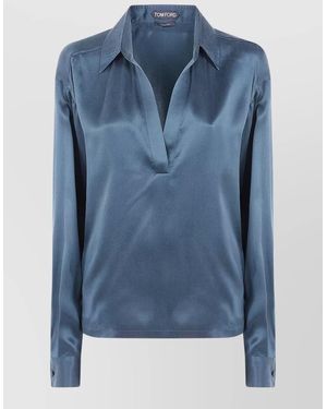 Tom Ford Silk Satine Polo Shirt Long Sleeves - Blue