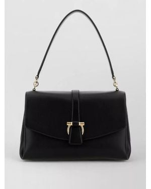 Ferragamo Leather Shoulder Bag Tone Hardware Top Handle - Black