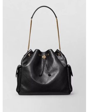Tory Burch Charlie Large Leather Chain Bucket Bag - Black