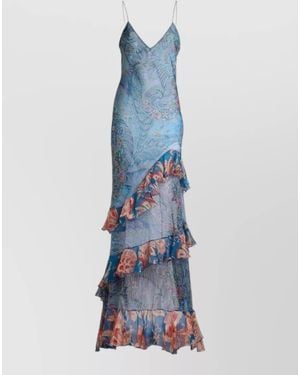 Etro Long Silk Dress Paisley Floral Ruffles - Blue