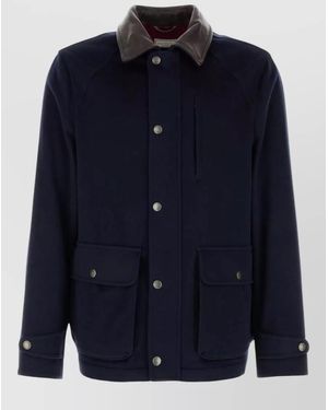 Brunello Cucinelli Wool Jacket Regular Fit Contrast Collar - Blue