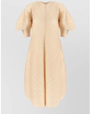 Pleats Please Issey Miyake Midi Dress Puff Sleeves Textured Design - Natural