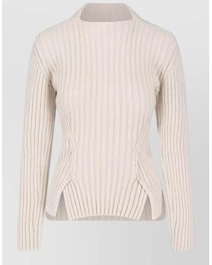 Victoria Beckham Crew Neck Top Fitted Ribbed Long Sleeves - Natural