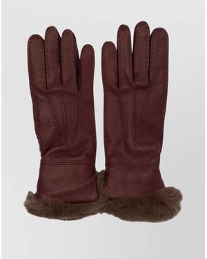 Restelli Leather Gloves With Fur Trim And Stitching - Brown