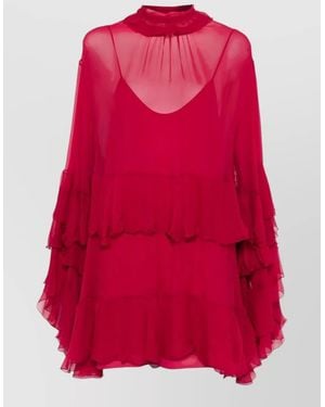 Chloé Silk Ruffled Long-Sleeve Mini Dress - Red