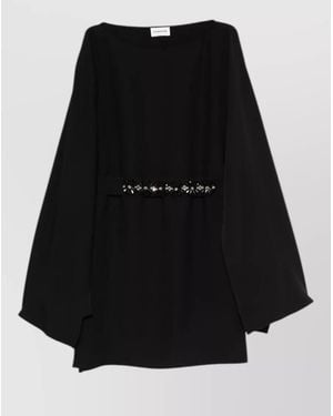 P.A.R.O.S.H. Embroidered Appliqué Boat Neck Wide Sleeve Mini Dress - Black