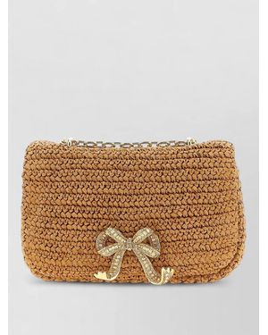 Self-Portrait Raffia Bow Chain Clutch Shoulder Bag - Natural