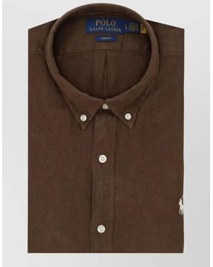 Ralph Lauren Linen Shirt Button Down Collar Slim Fit - Brown