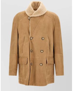 Brunello Cucinelli Shearling Double-Breasted Pea Coat - Natural