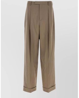 Valentino Garavani Wool Tailored Trousers Pleated Front Belt Loops - Natural
