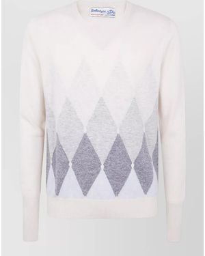 Ballantyne V Neck Pullover Argyle Ribbed Cuffs Hem - White