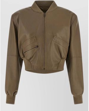Chloé Short Leather Jacket Ribbed Trim Pockets - Green