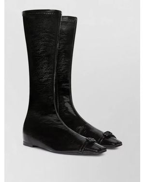 Courreges Knee Length Vinyl Boots Square Toe Buckle - Black
