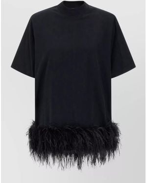 The Attico Crew Neck Feather Trim Short Sleeve Dress - Black