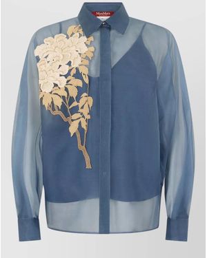 Max Mara Silk Shirt Relaxed Fit Floral Embroidery - Blue