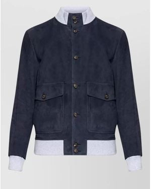 Eleventy Leather Ribbed Bomber Jacket - Blue