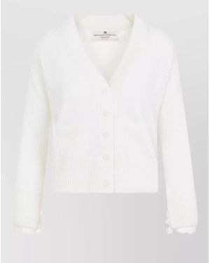 Ermanno Scervino Lace Trim V Neck Chunky Knit Cardigan - White