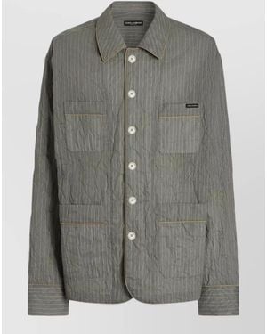 Dolce & Gabbana Pinstripe Crinkled Shirt Jacket Chest Pockets - Gray