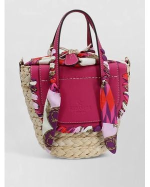 CUBA LAB Leather Bucket Bag Straw Braid Scarf Handle - Pink