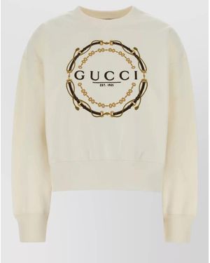 Gucci Cotton Crew Neck Sweatshirt Ribbed Trims - Natural