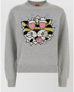 KENZO Wool Blend Sweater Crew Neck Graphic - Gray