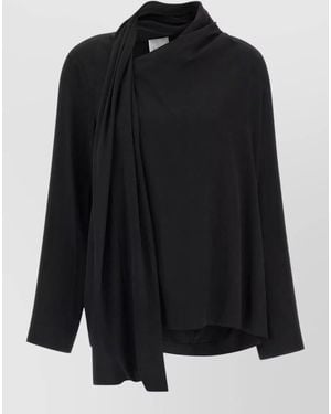Nude Draped Asymmetric Long-Sleeve Blouse - Black
