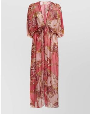Guess Dress Bold Print Kimono Sleeves Sheer Waist Tie V Neckline - Red