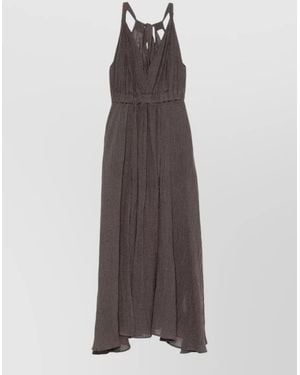 120% Lino Linen Maxi Dress Pleated Skirt Slits - Multicolor