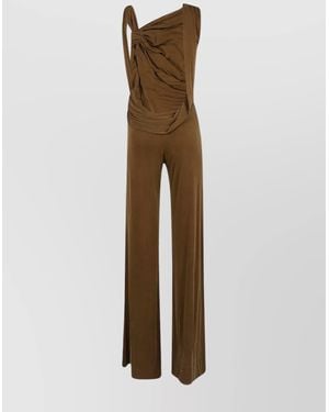 ANDAMANE Draped One Shoulder Jumpsuit Wide Leg - Brown