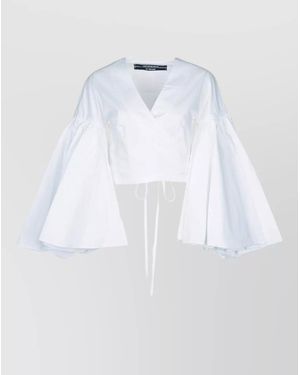 Jacquemus Cotton Cropped Wrap V-Neck Long-Sleeve Blouse - White