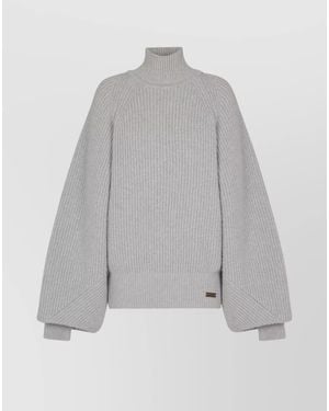 Balmain Virgin Wool Ribbed Batwing Turtleneck Sweater - Gray