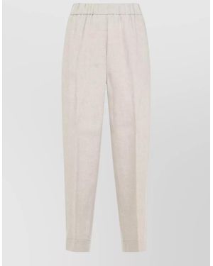 Peserico Linen Straight Leg Trousers Piped Rolled Hem - White