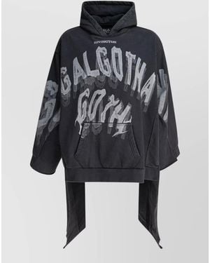 RRR123 Longline Hooded Sweatshirt Asymmetrical Hem Graphic Pocket - Black