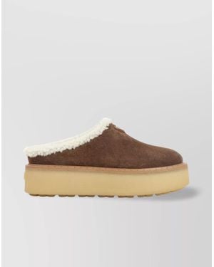 Prada Shearling Trim Suede Mule Platform - Brown