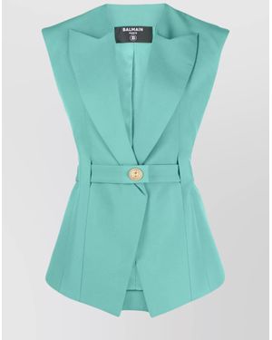 Balmain Wool Jacket With Belted Waist And Peak Lapels - Green