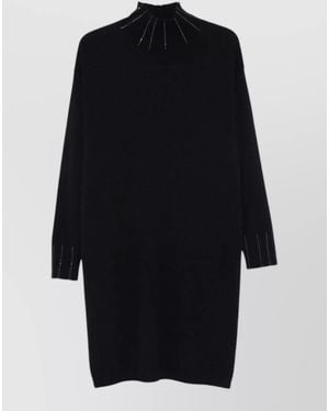 Fabiana Filippi High Neck Embellished Knit Knee Length Dress - Blue