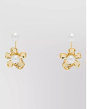 Self-Portrait Dropping Earrings Floral Design Pearl Detail Stud - Metallic