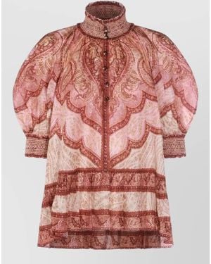 Zimmermann Wanderlust Silk Blouse Paisley Smocked Ruffle - Pink