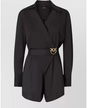 Pinko Belted Wrap Long Sleeve Silk Nylon Playsuit - Black