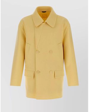 Fendi Double-Breasted Coat Notched Lapel - Yellow