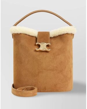 Celine Medium Louise Bucket Bag With Shearling Trim - Brown