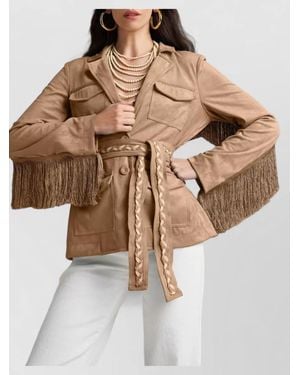 PHO® Firenze Suede Jacket Belt Waist Fringe Pockets - Brown