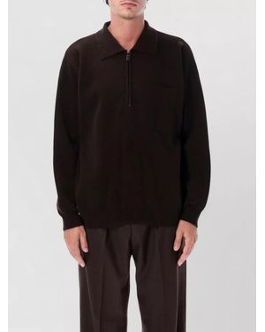 Roberto Collina Merino Wool Ribbed Half-Zip Polo Jumper - Black