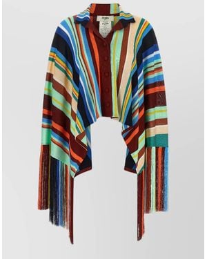 Fendi Striped Poncho Fringes Detail Round Collar - Blue