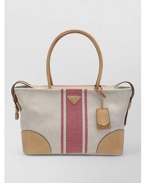 Prada Tote Bag Contrast Stitching Striped Pattern Leather Trim - Multicolor