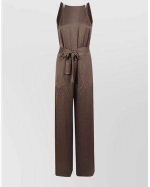 Peserico Fluid Satin Jumpsuit Sleeveless Belted Wide Leg - Brown