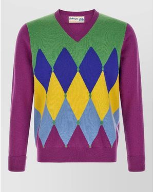 Ballantyne Cashmere Ribbed V-Neck Intarsia Jumper - Pink