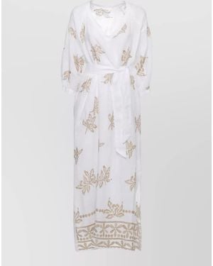 120% Lino Linen Beach Dress Knee Length Belt - White